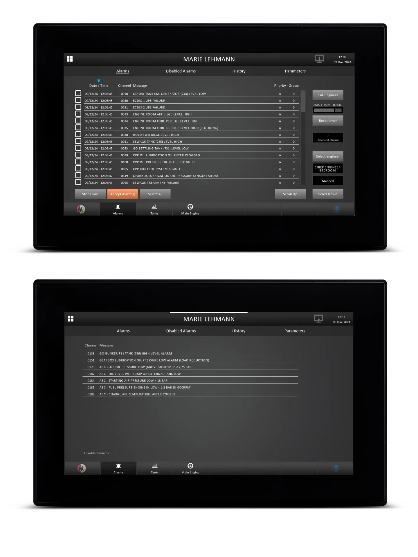 MS-2080 touchscreens showing the active alarm list and disabled alarms overview