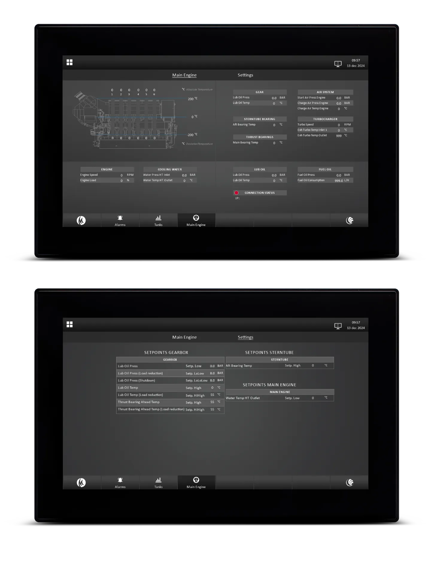 MS-2080 main engine screens with cylinder temperatures, pressures and gearbox setpoints