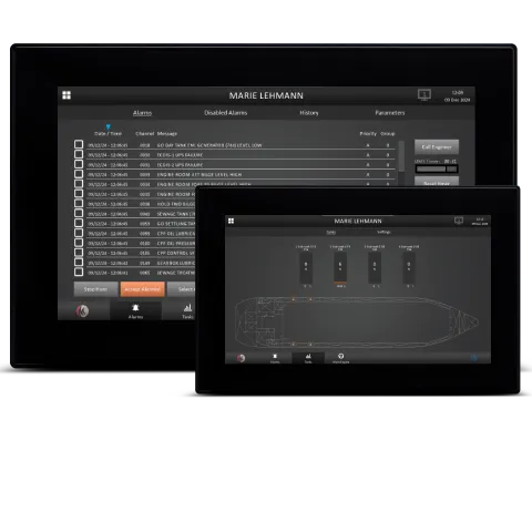 Two MS-2080 touchscreen panels showing the alarm list and a vessel tank overview