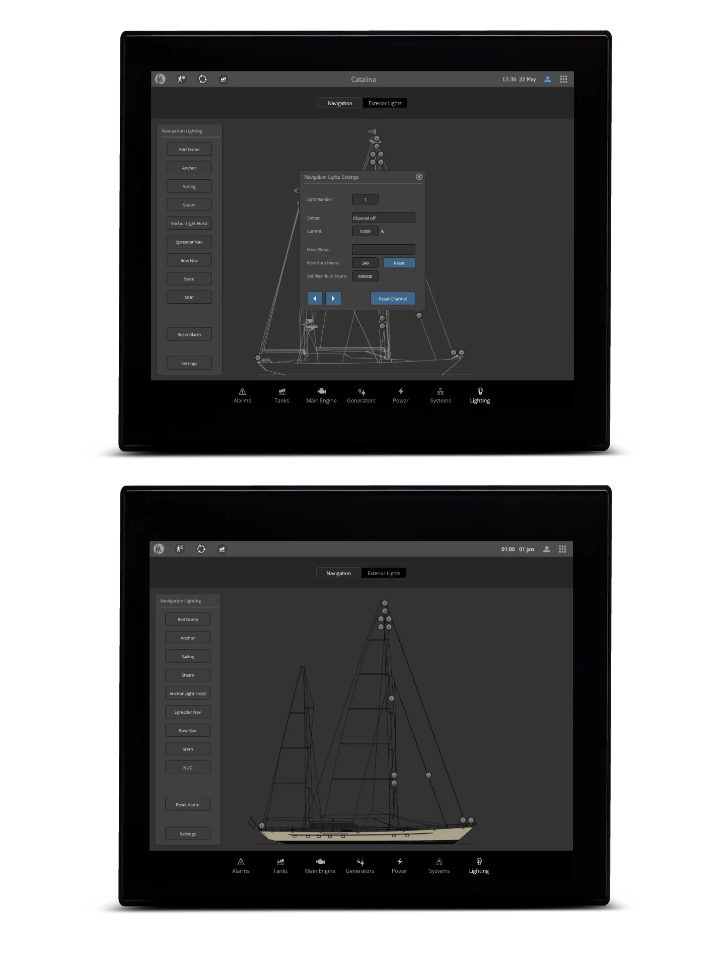 MS-2080 lighting screens with a sailing yacht outline showing navigation light positions