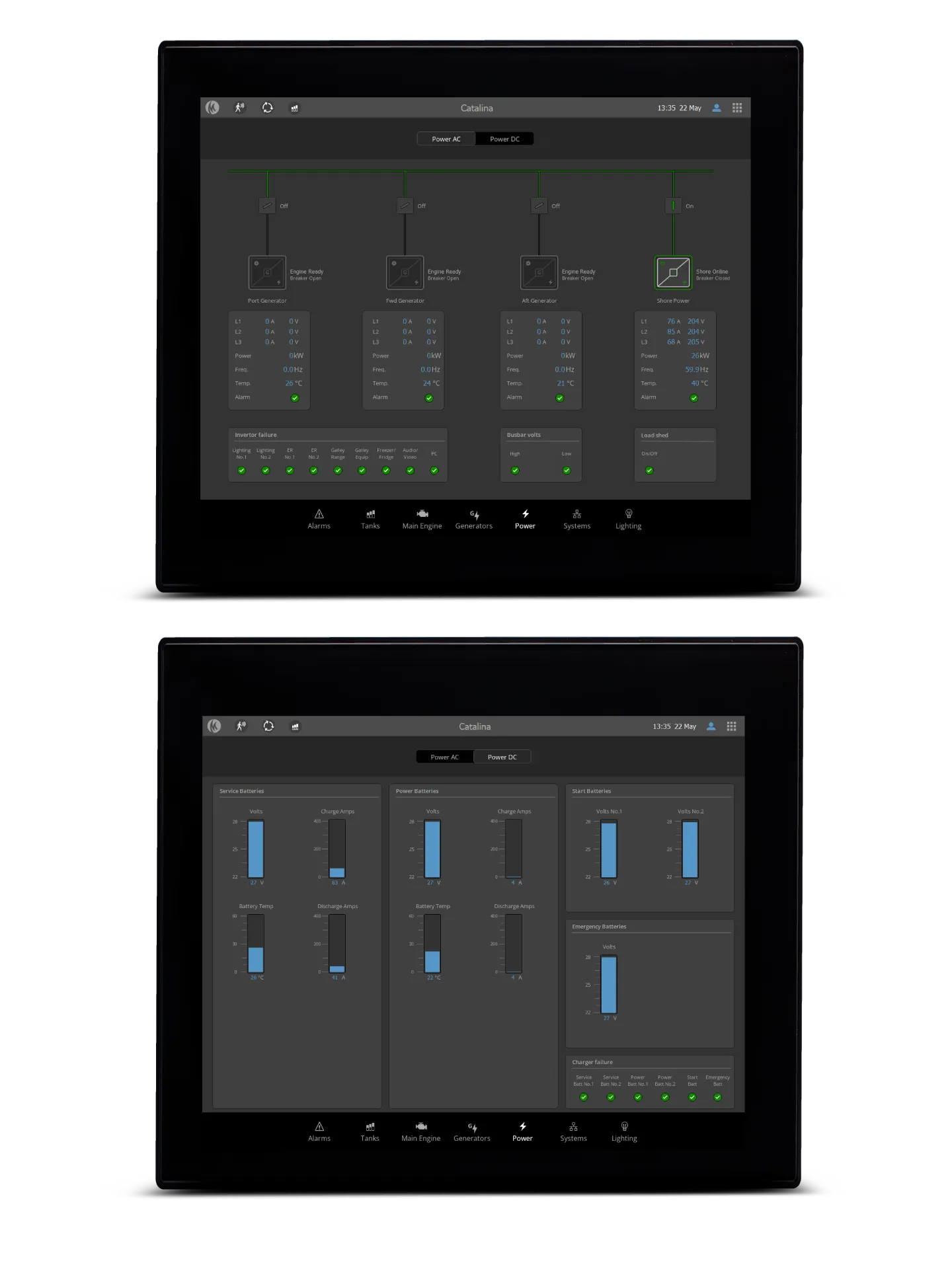 MS-2080 power screens showing generators, shore power and battery voltages