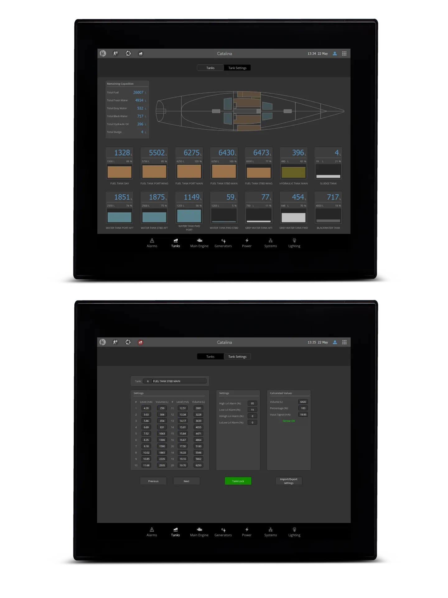 MS-2080 tank screens showing fuel, water and sludge levels and tank calibration settings