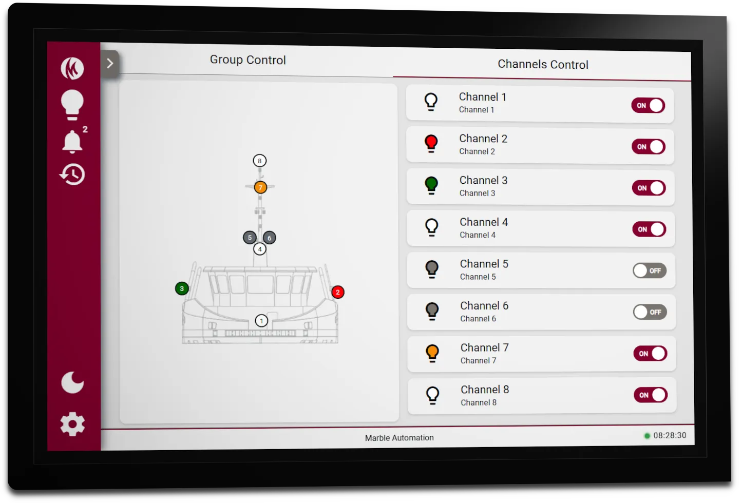 MS225 HMI touchscreen with ship outline and on/off switches for eight light channels