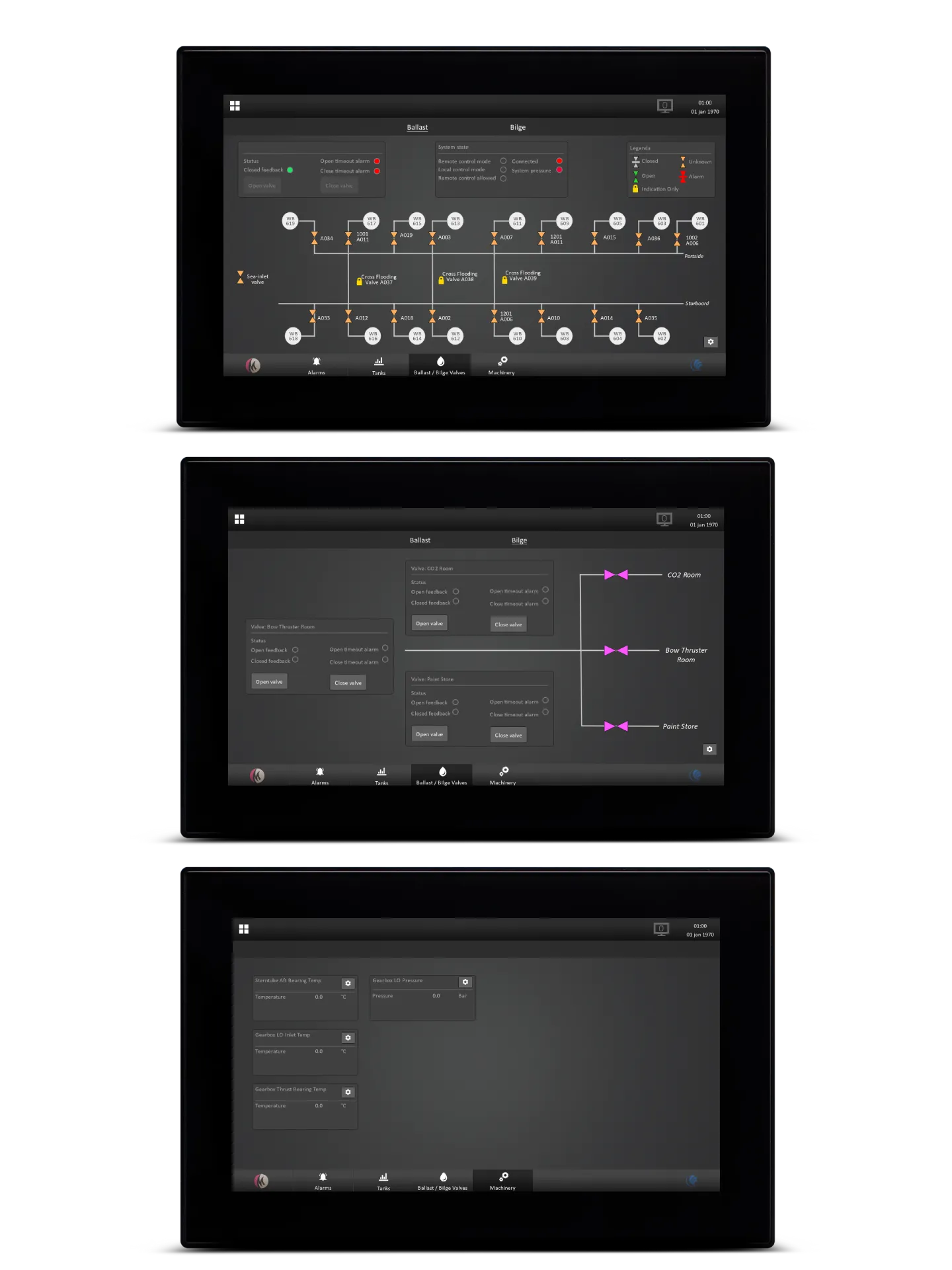 MS-2080 screens with ballast valve diagram, bilge valves and machinery temperatures
