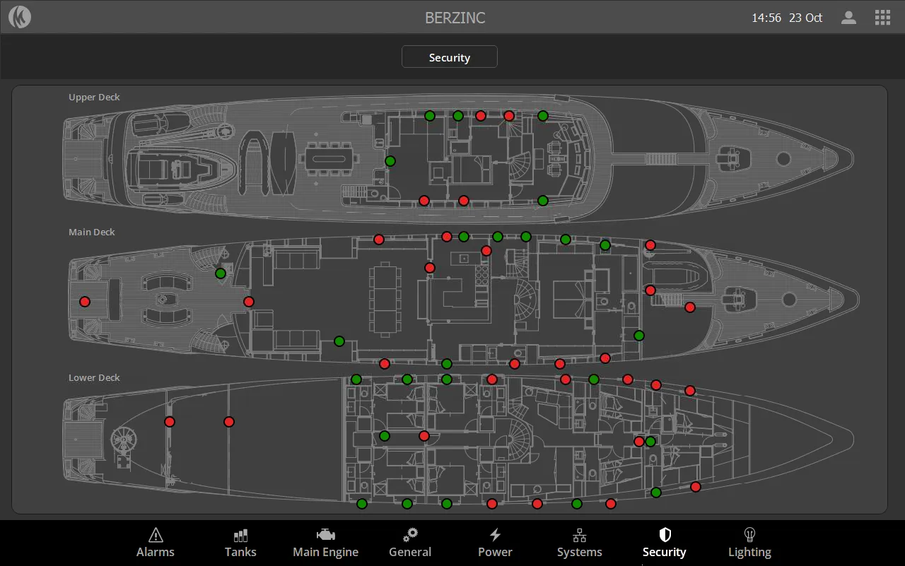 Berzinc security screen showing door and window status on deck plans of three decks