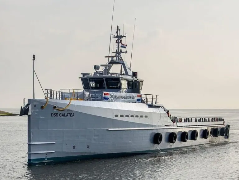 Royal Netherlands Navy surveillance vessel DSS Galatea sailing in harbour waters