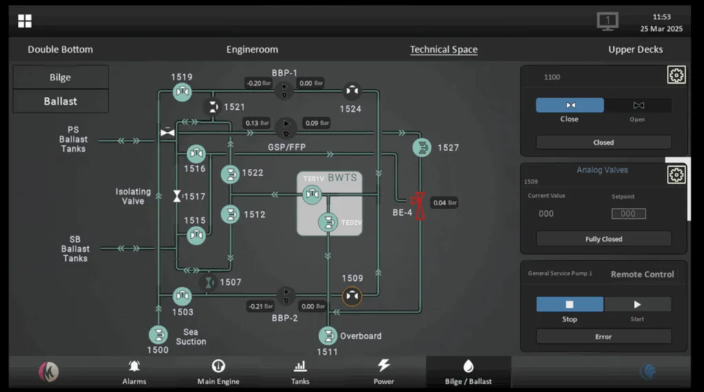 Hawaikinui 2 bilge and ballast control screen with valves, pumps and ballast water treatment
