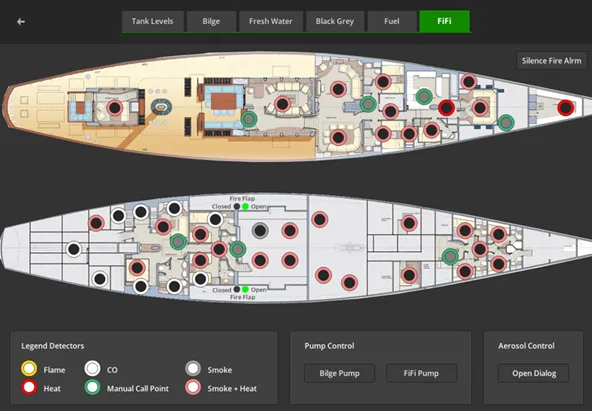 Hetairos fire detection screen showing detector locations on two deck plans
