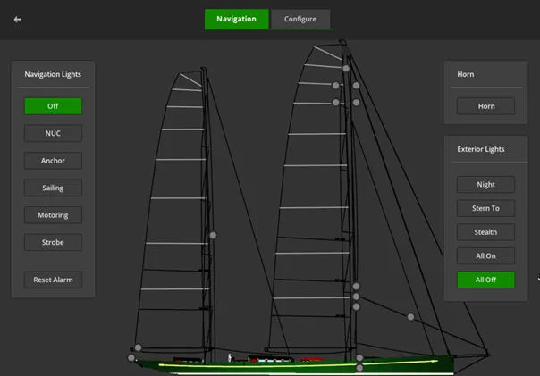 Hetairos navigation and exterior lighting control screen with yacht rig outline