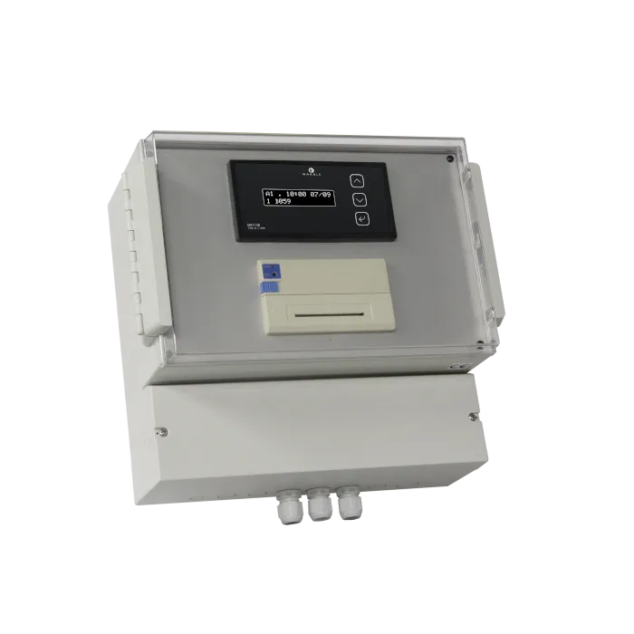 MS715B tachograph system with printer in wall cabinet with transparent cover