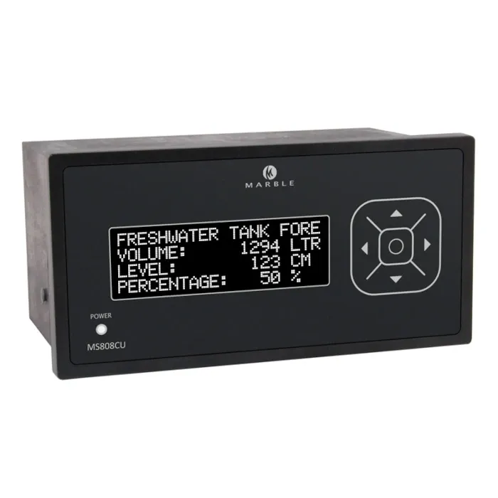 MS808 tank sounding control unit showing freshwater tank volume, level and percentage